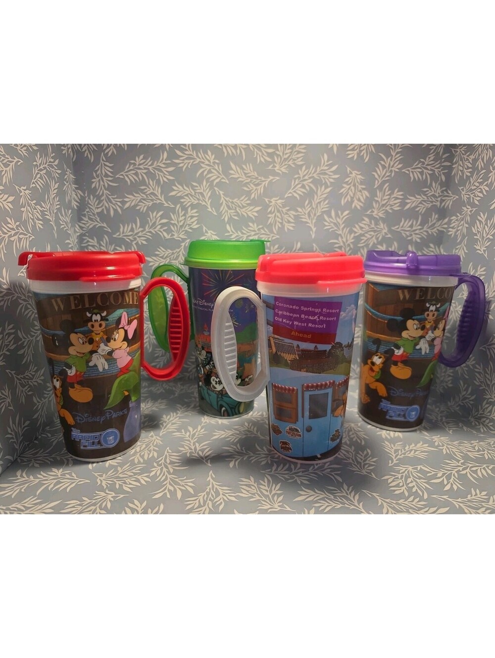 Vintage Walt Disney World Resort Parks Travel Cups w/ Lid - Set of 4 Mugs / Cups